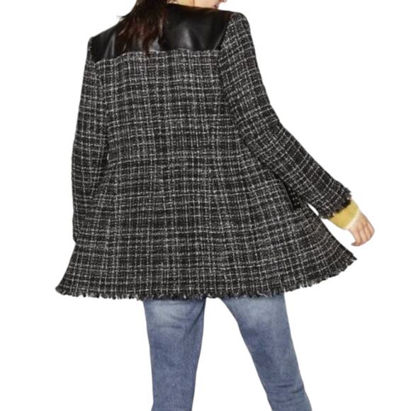 Zara Black Tweed Embellished Faux Leather Contrast Full Zip Coat - Picture 2 of 12